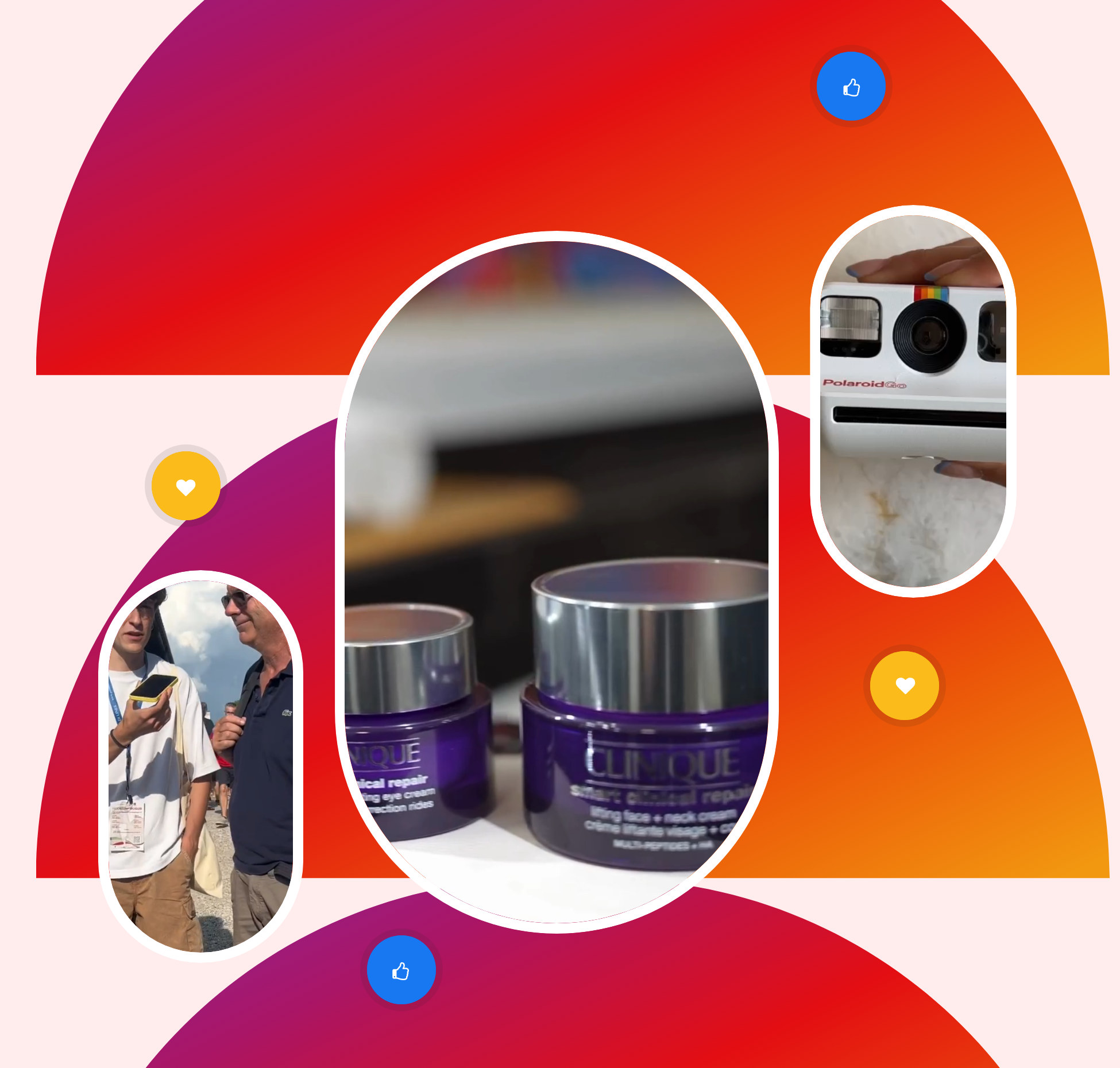 40Degrees homepage collage of creator videos in arched frames over orange and purple half circles: two people at an outdoor event, two Clinique jars and a hand holding a Polaroid Go camera