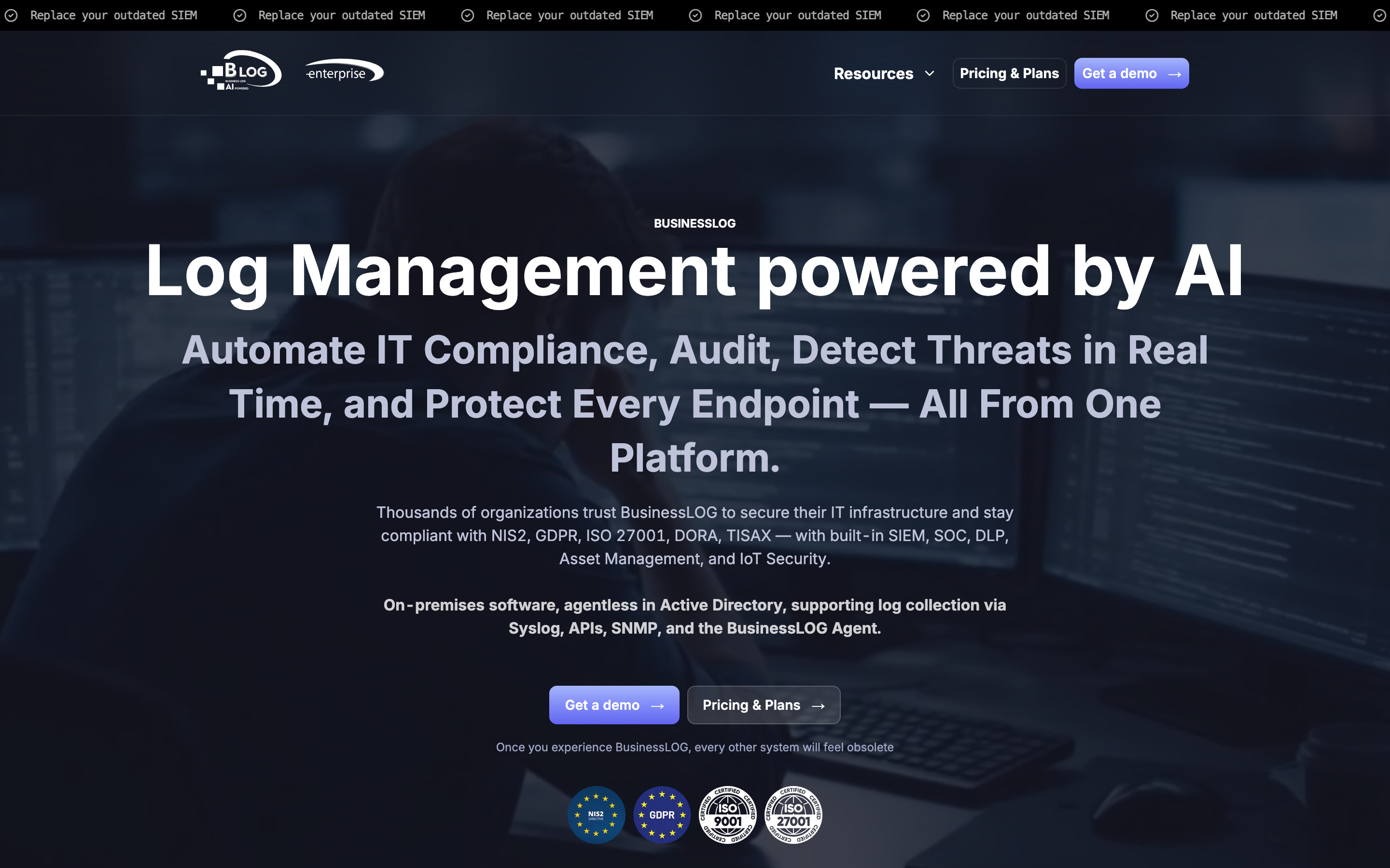Business Log homepage hero with the headline Log Management powered by AI, the promise to automate IT compliance and audit and detect threats in real time, and NIS2, GDPR, ISO 9001 and ISO 27001 badges