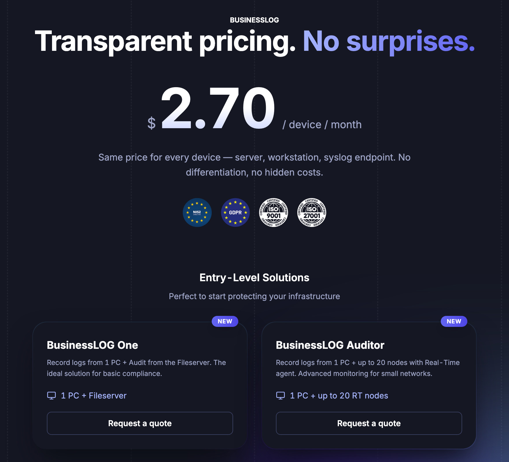 Business Log pricing page headline Transparent pricing. No surprises., a price of 2.70 dollars per device per month, compliance badges and the BusinessLOG One and BusinessLOG Auditor entry-level plans