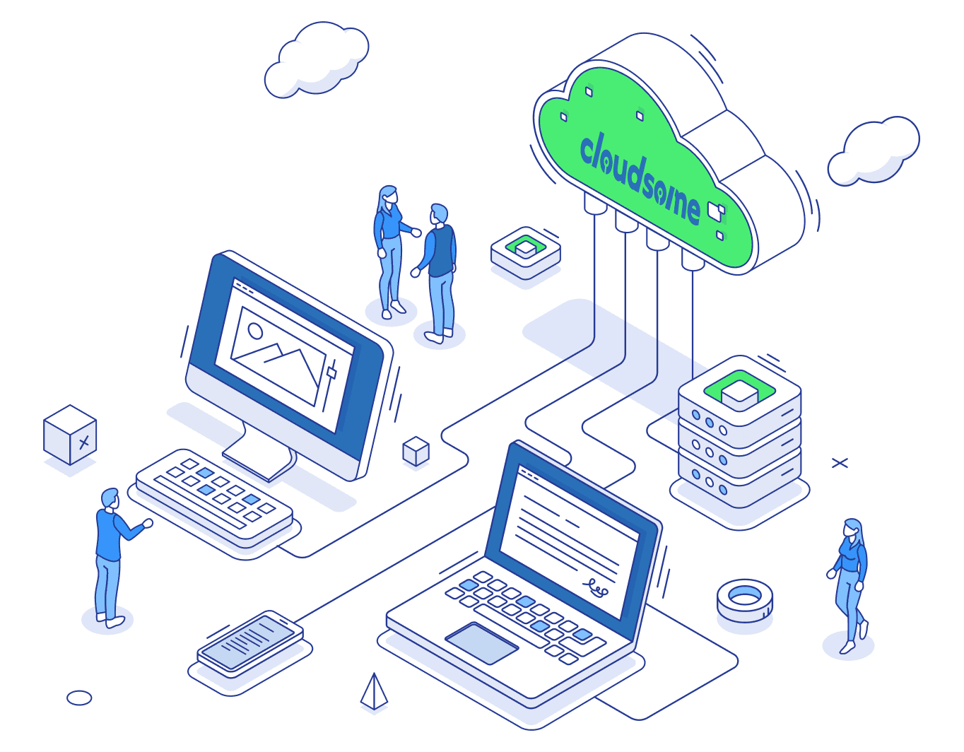 Isometric line illustration of a green Cloudsome cloud wired to a server stack, a desktop, a laptop and a tablet, with small figures at work