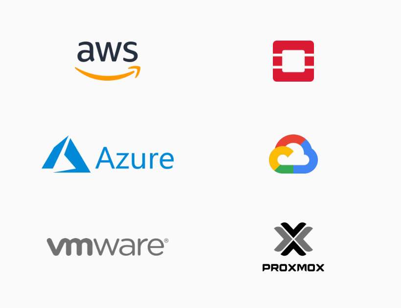 Logos of AWS, OpenStack, Microsoft Azure, Google Cloud, VMware and Proxmox in a two-column grid