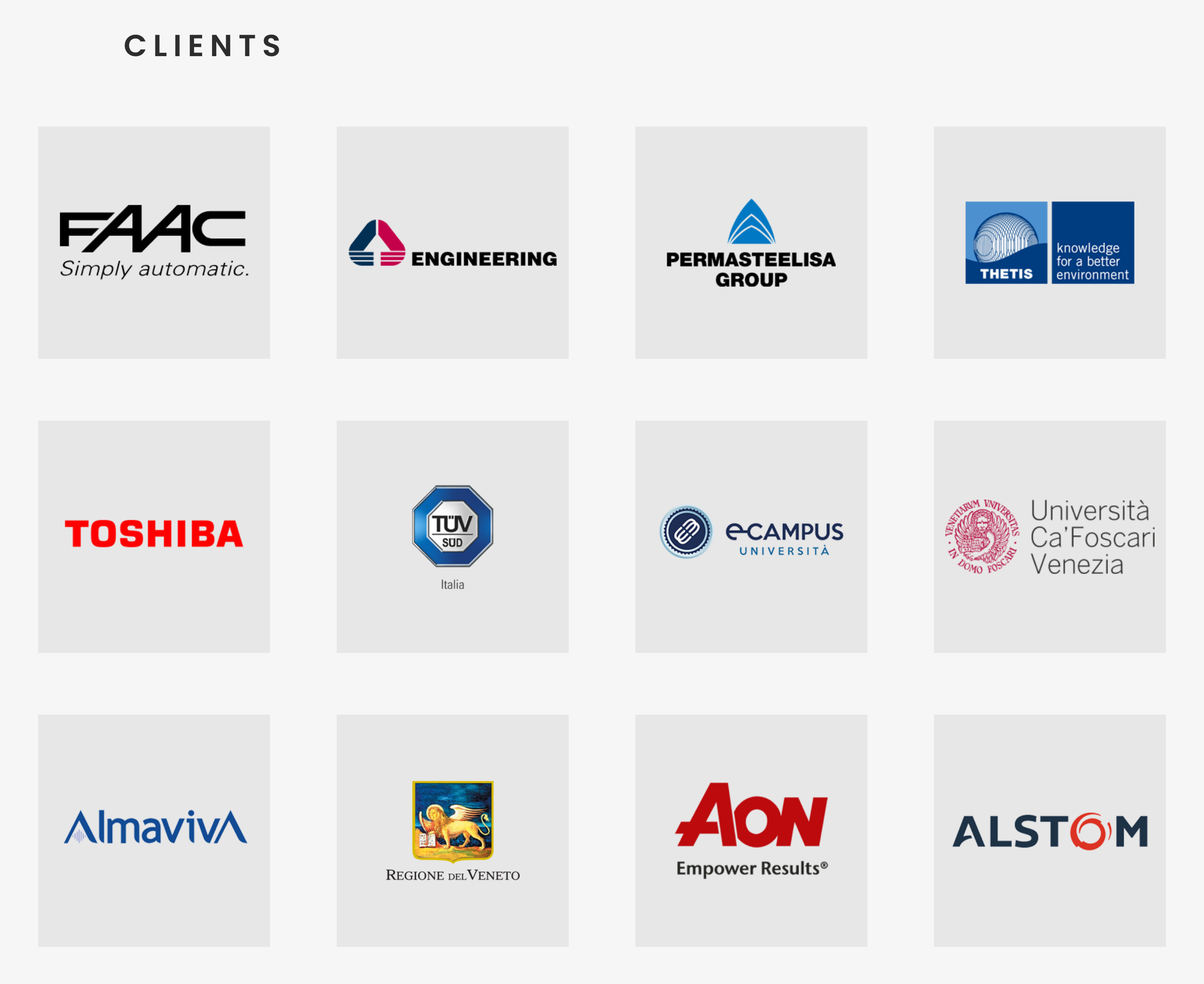 Grid of twelve Ennova Research client logos including FAAC, Toshiba, AON, Alstom, Permasteelisa Group and Regione del Veneto