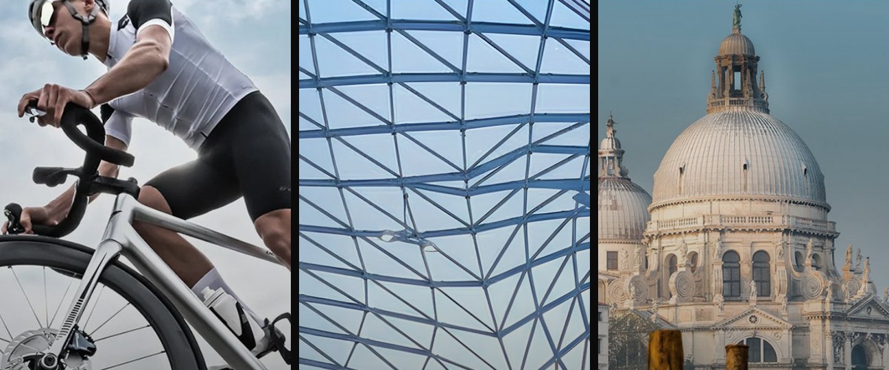 Three photos from recent Elevate projects side by side: a road cyclist, a steel and glass lattice roof and a domed basilica