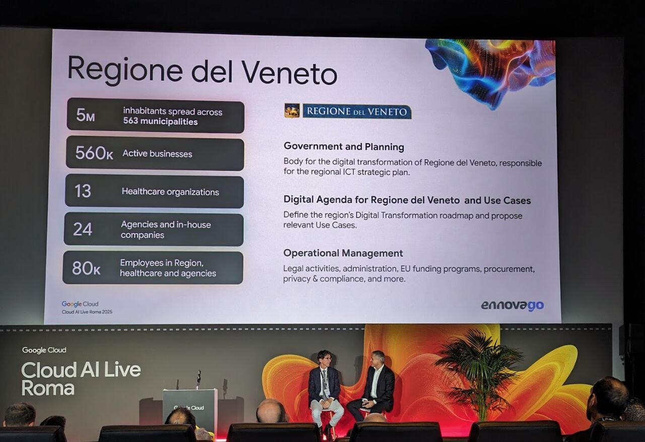 Two speakers seated on stage at Google Cloud AI Live 2025 beneath a large screen showing an Ennova Go slide
