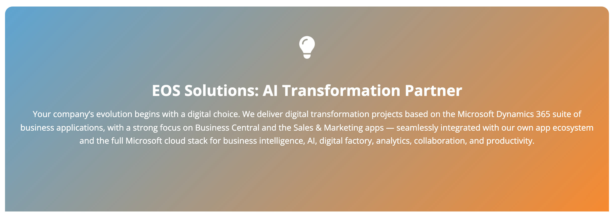 EOS Solutions banner AI Transformation Partner on a blue to orange gradient, describing digital transformation projects on the Microsoft Dynamics 365 suite with a strong focus on Business Central and the Sales and Marketing apps