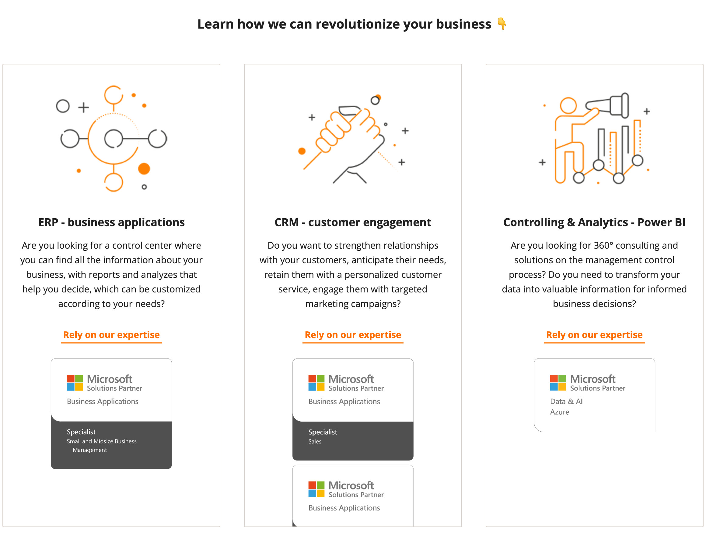 EOS Solutions site section Learn how we can revolutionize your business, with three cards for ERP business applications, CRM customer engagement and Controlling and Analytics with Power BI, each with its Microsoft Solutions Partner badges