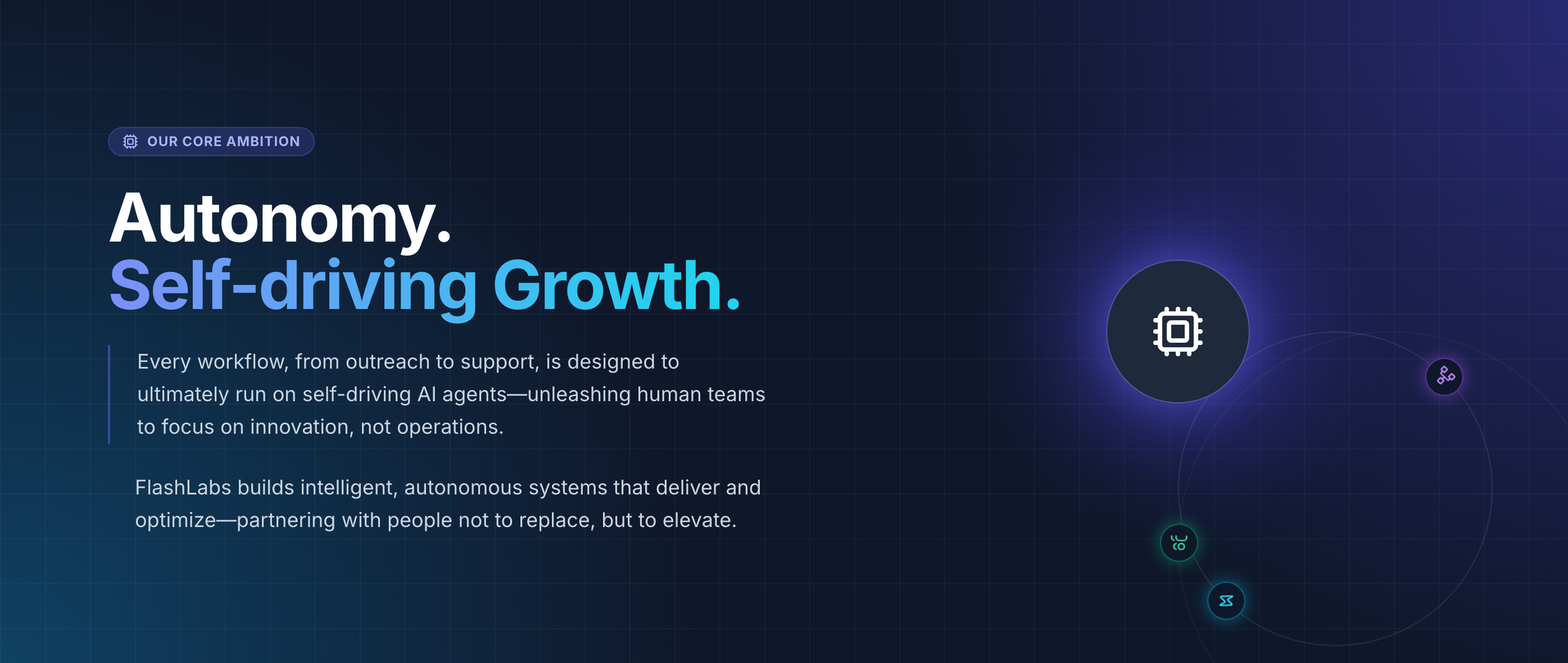 Dark navy band from the FlashLabs About page with an Our Core Ambition label, the headline Autonomy. Self-driving Growth., two short paragraphs about work run by self-driving AI agents and a glowing chip icon with orbiting nodes