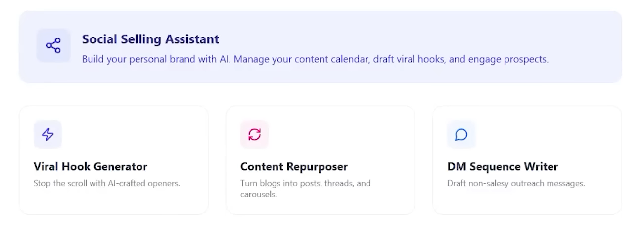 SuperAgent Social Selling Assistant screen with three tools: Viral Hook Generator, Content Repurposer and DM Sequence Writer for non-salesy outreach messages