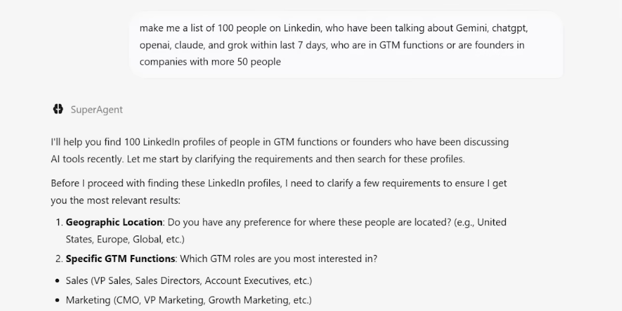 SuperAgent chat in which a user asks for 100 people on LinkedIn who recently discussed AI tools and are founders or in GTM roles at companies with more than 50 people, and the agent asks which locations and GTM roles to focus on
