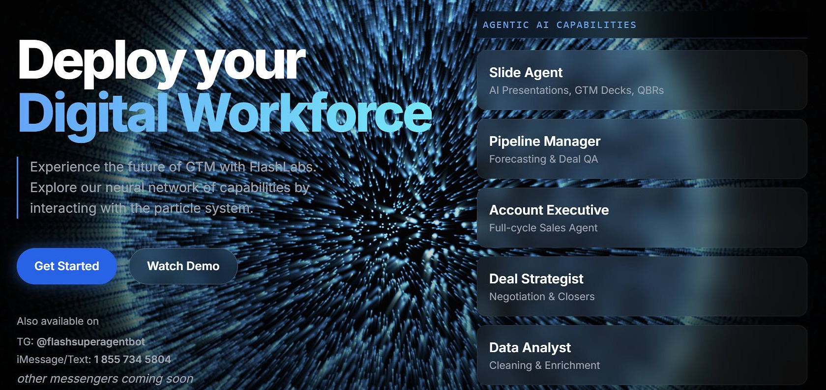 FlashLabs SuperAgent launch page with the headline Deploy your Digital Workforce over a glowing blue particle sphere, Get Started and Watch Demo buttons, and a column of agentic AI capabilities such as Account Executive and Deal Strategist