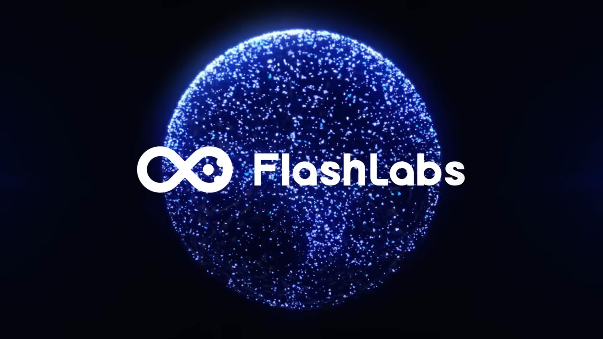 White FlashLabs logo over a glowing blue particle globe on a black background