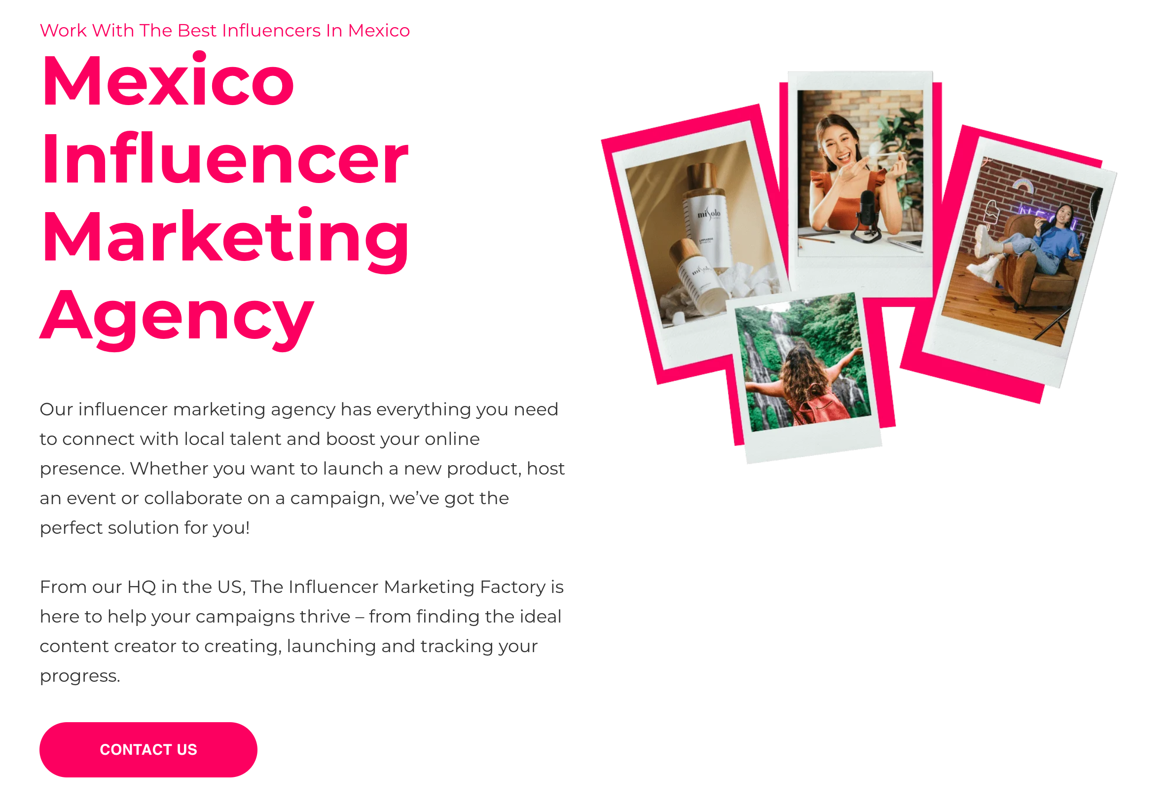 The Influencer Marketing Factory page headed Mexico Influencer Marketing Agency, with a short introduction, a Contact Us button and four instant photos of creators and products