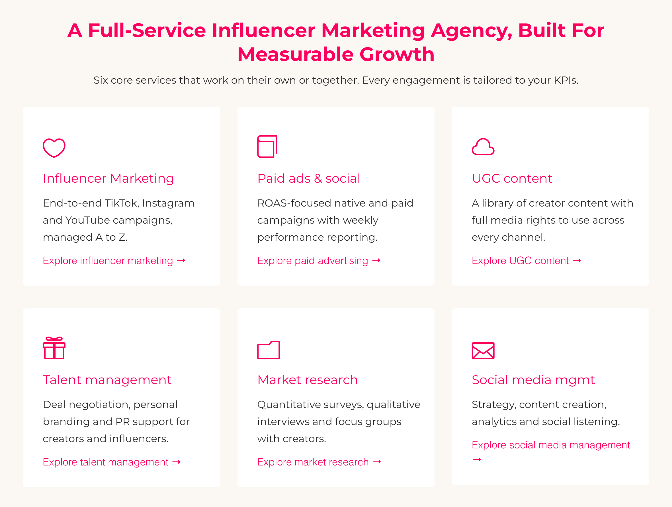 The Influencer Marketing Factory services section headed A Full-Service Influencer Marketing Agency, Built For Measurable Growth, with six cards: influencer marketing, paid ads and social, UGC content, talent management, market research and social media management
