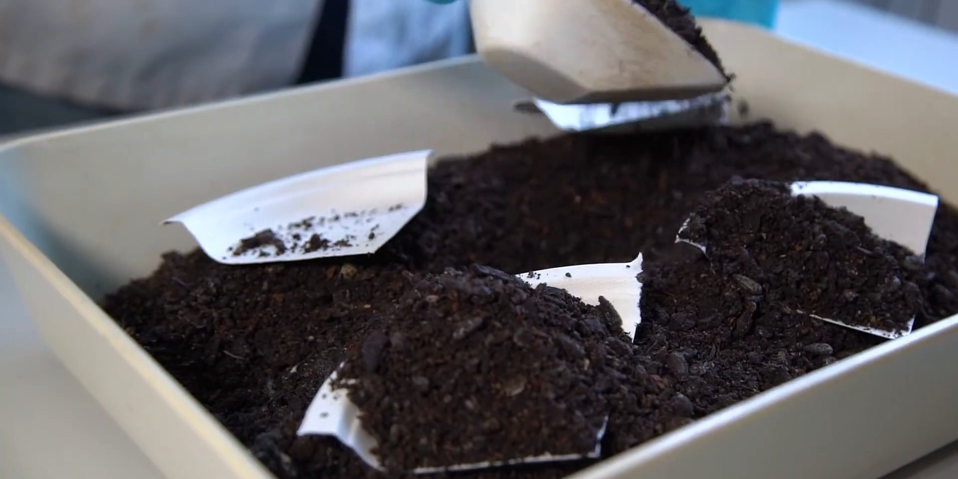 Gloved hand scooping dark compost over white packaging fragments in a laboratory tray