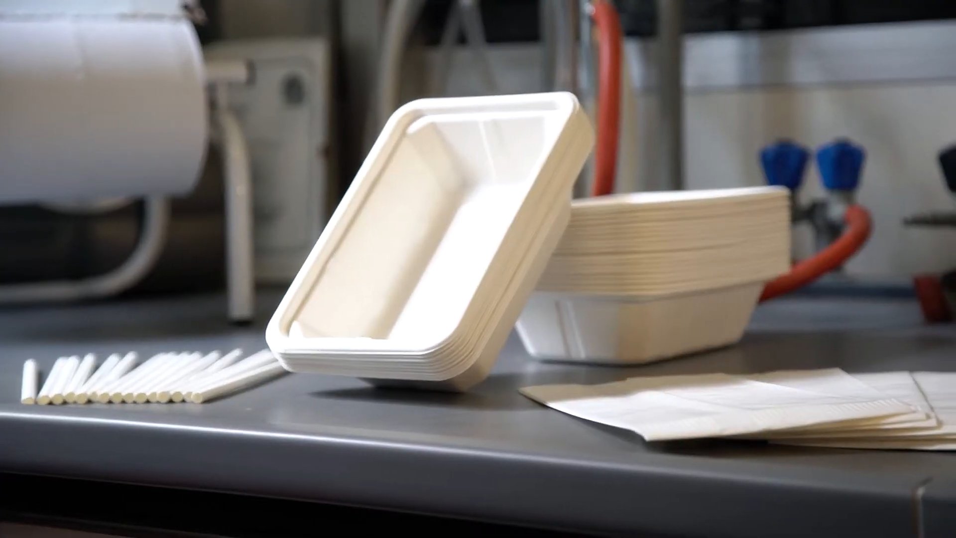 Stacked white molded-fiber food trays, a row of paper straws and paper sheets on a grey laboratory bench