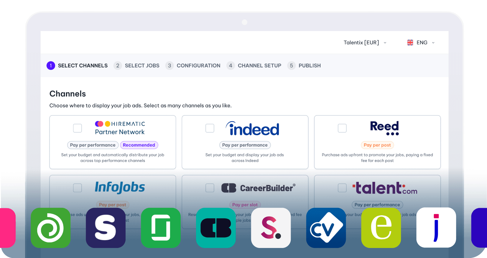 Hirematic campaign setup on a laptop screen, at the Select channels step, with the Hirematic Partner Network, Indeed, Reed, InfoJobs, CareerBuilder and Talent.com as job ad channels and a row of job board app icons below