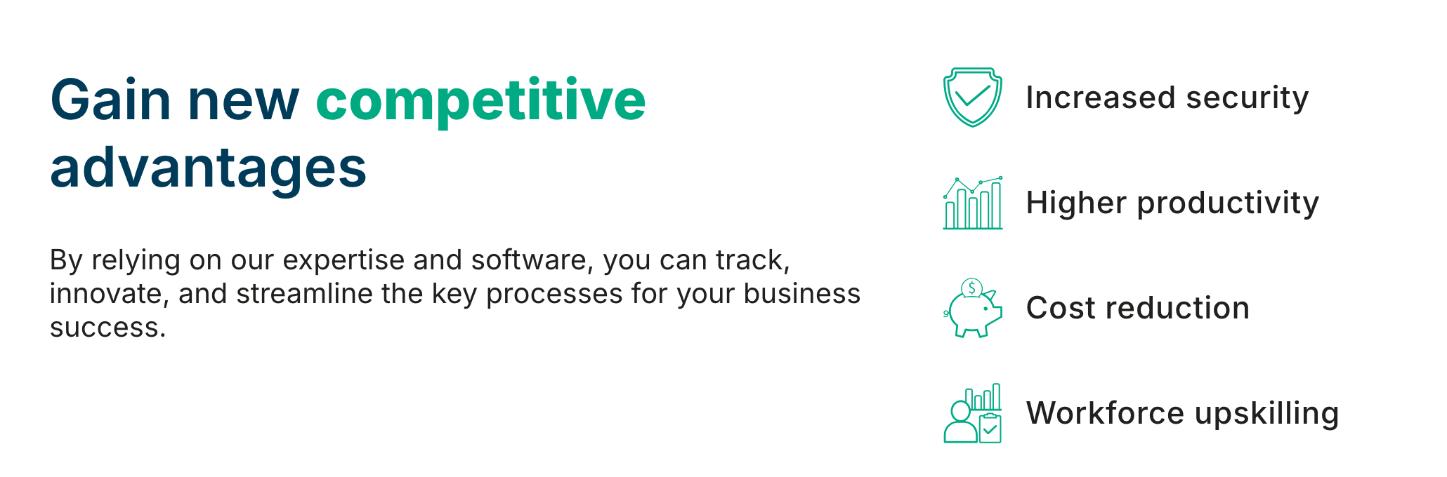 KFI homepage section Gain new competitive advantages, listing increased security, higher productivity, cost reduction and workforce upskilling with line icons