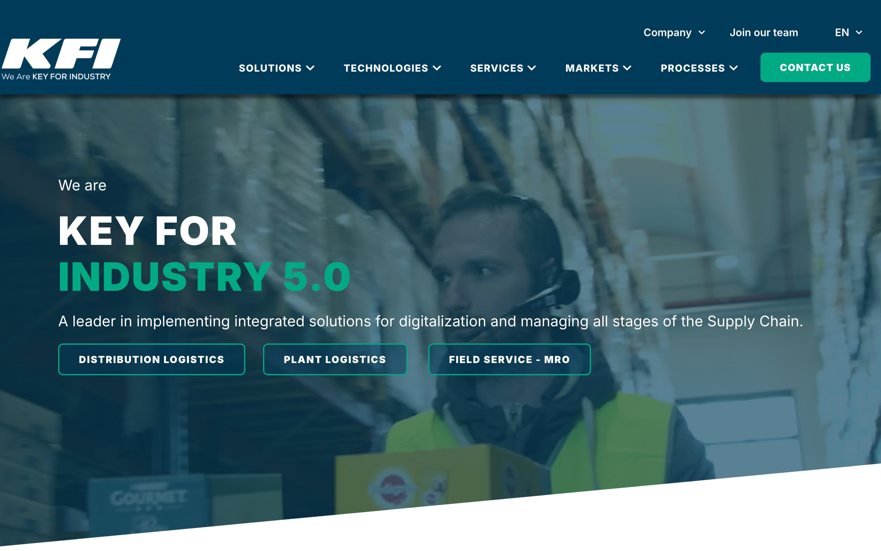KFI homepage hero with the headline We are Key for Industry 5.0 over a warehouse worker wearing a voice headset, with buttons for distribution logistics, plant logistics and field service