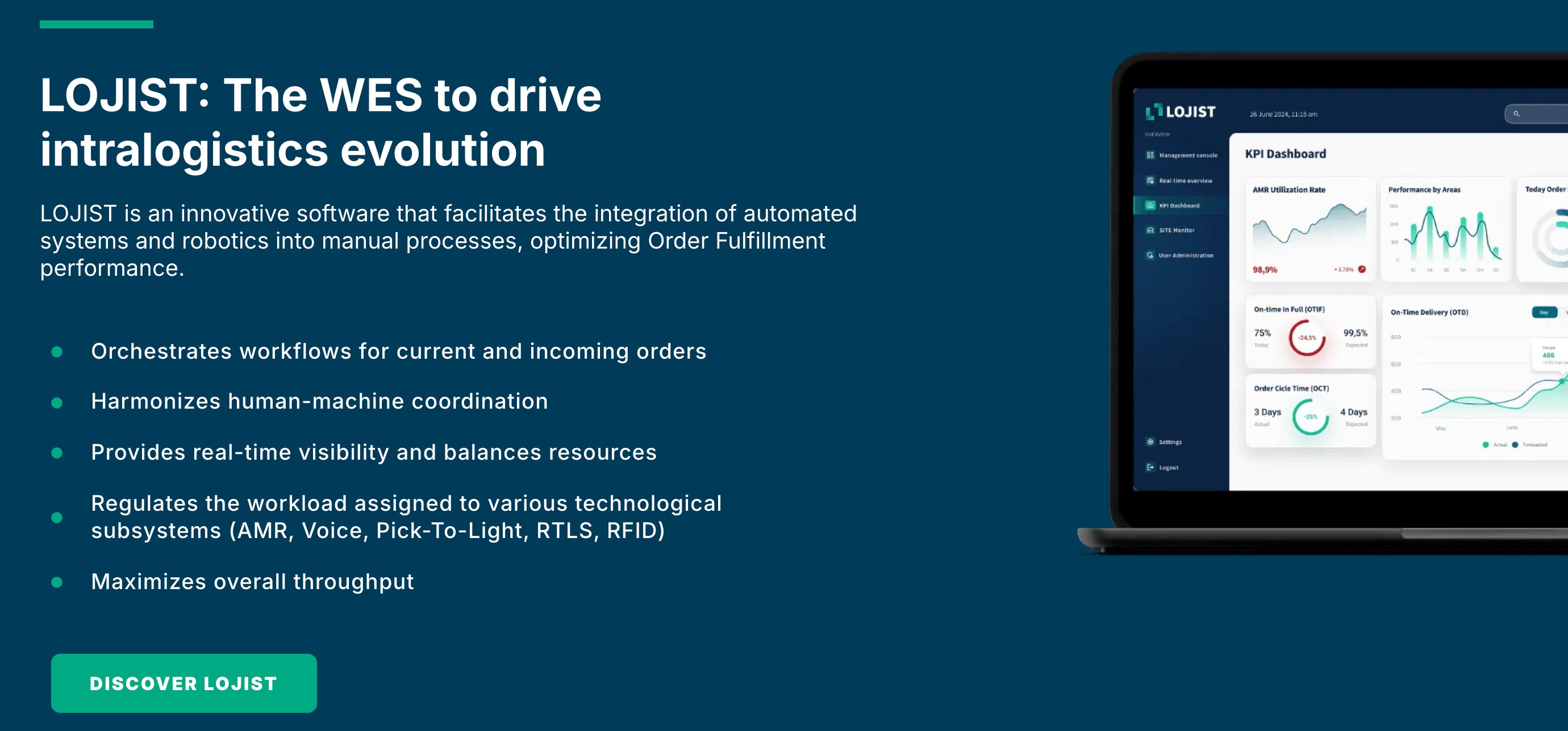 KFI homepage section LOJIST: The WES to drive intralogistics evolution, with five capability bullets and a laptop showing the LOJIST KPI dashboard