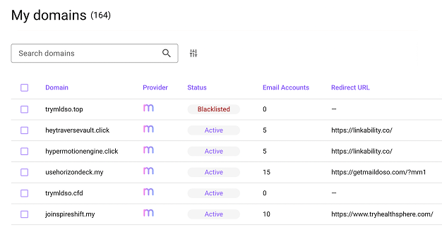 Maildoso My domains dashboard: a table of sending domains with their provider, status (active or blacklisted), number of email accounts and redirect URL