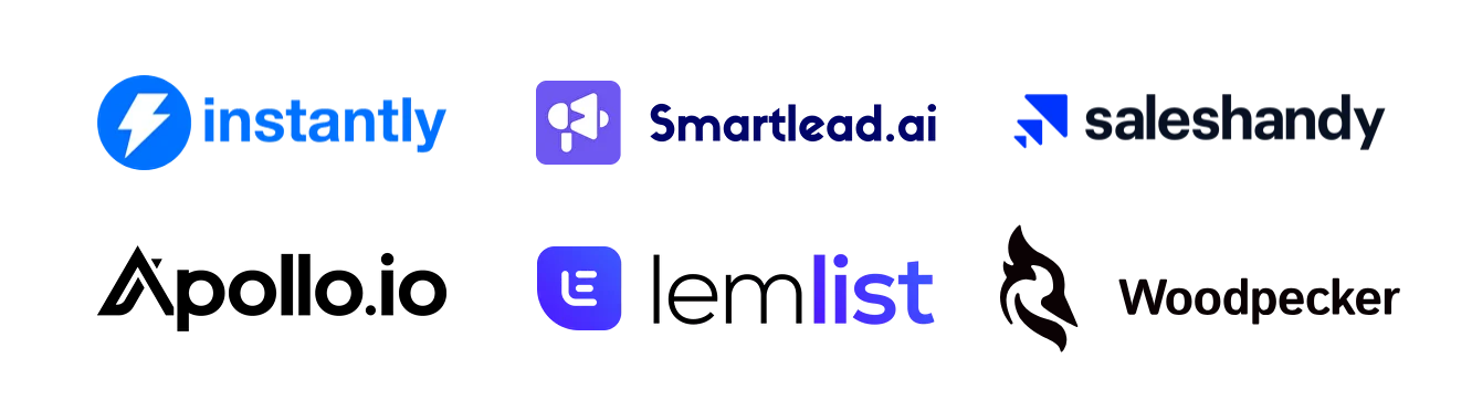 Logos of the cold email tools Maildoso connects to, three by two: Instantly, Smartlead.ai, Saleshandy, Apollo.io, lemlist and Woodpecker