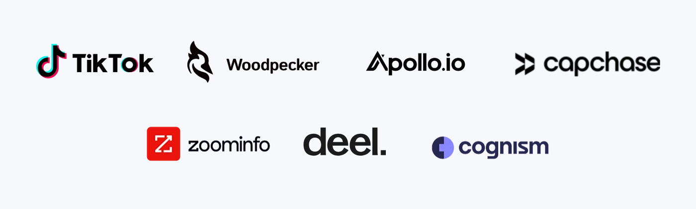 Logos of TikTok, Woodpecker, Apollo.io and Capchase on a first row and ZoomInfo, Deel and Cognism on a second, from the customer logo strip on Maildoso's homepage