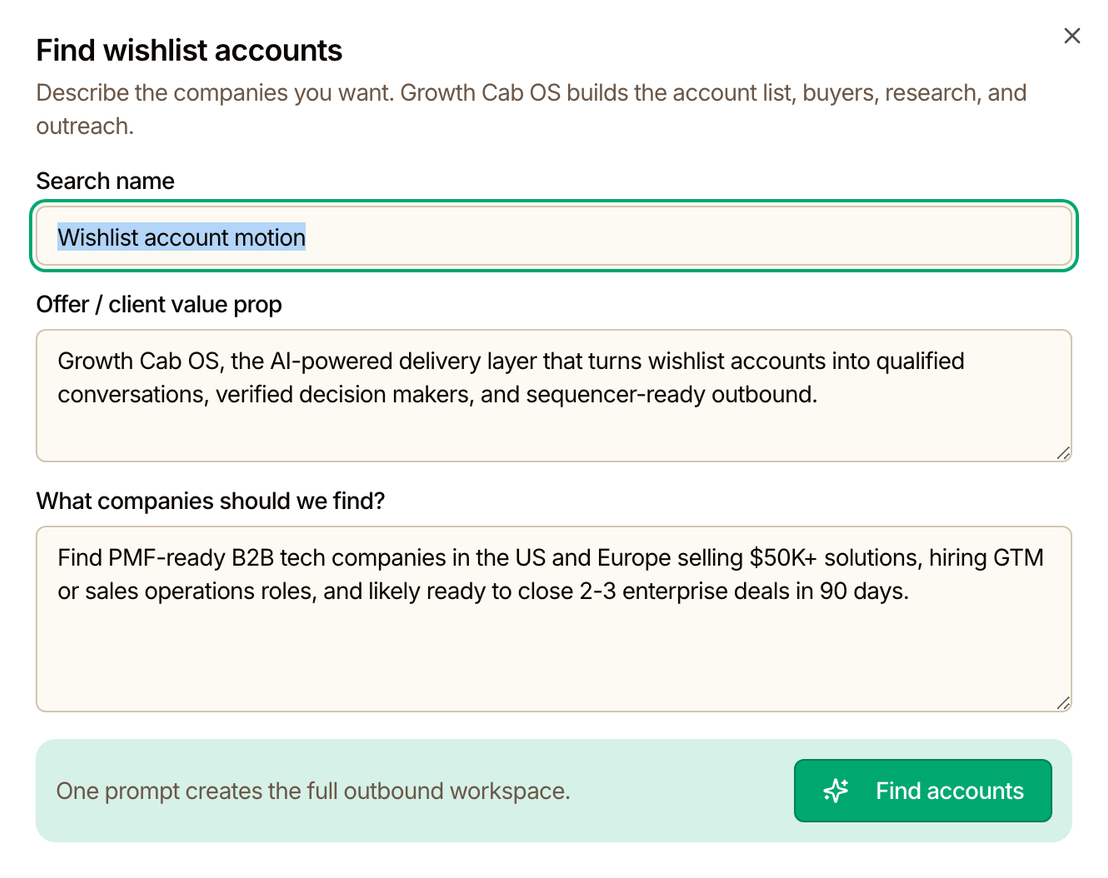Growth Cab OS Find wishlist accounts dialog with fields for a search name, the offer and a plain-language description of the companies to find, above the line One prompt creates the full outbound workspace and a Find accounts button