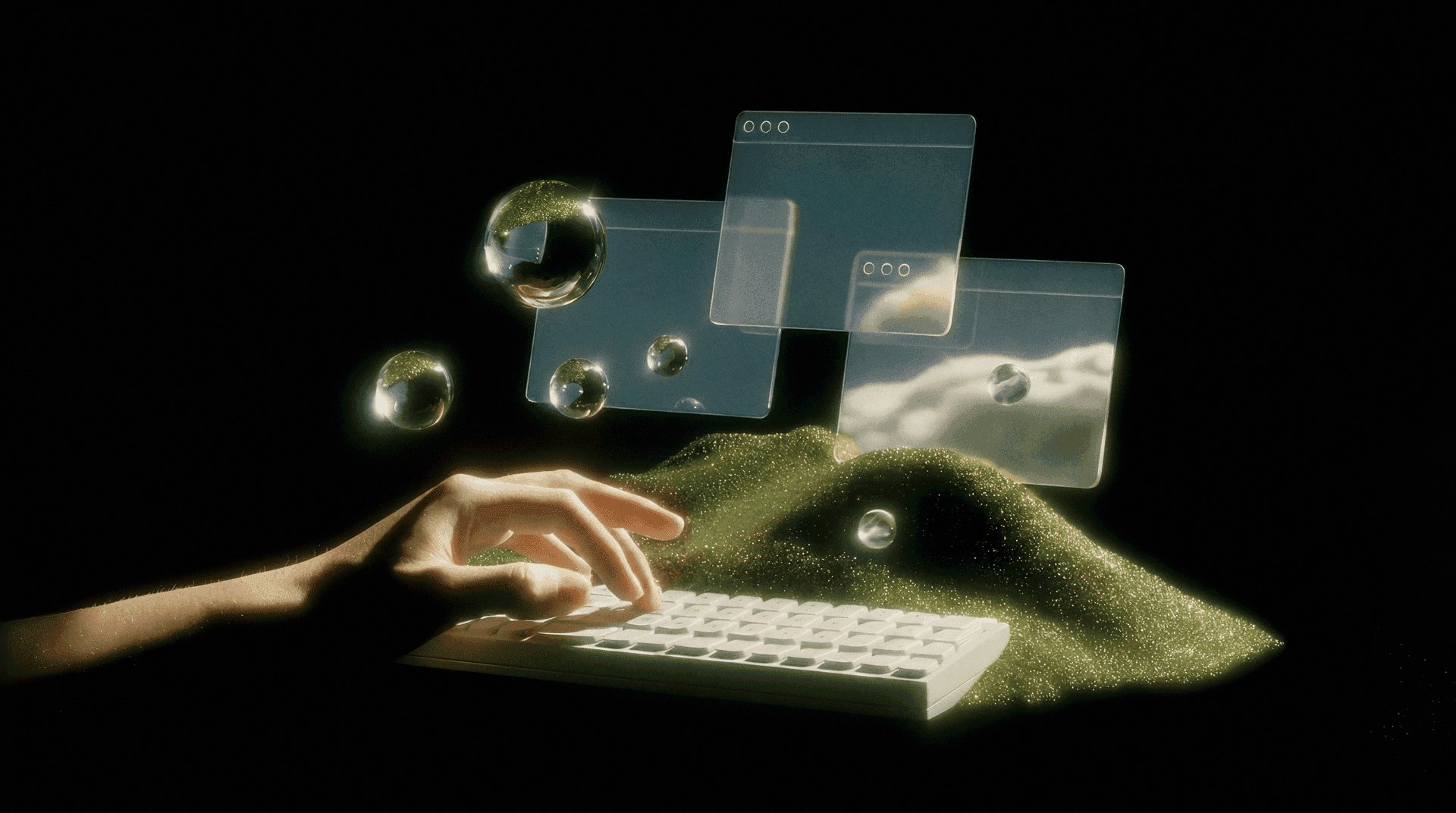 Hand typing on a white keyboard beside a glittering moss-green mound, with three translucent browser windows and glass bubbles floating above
