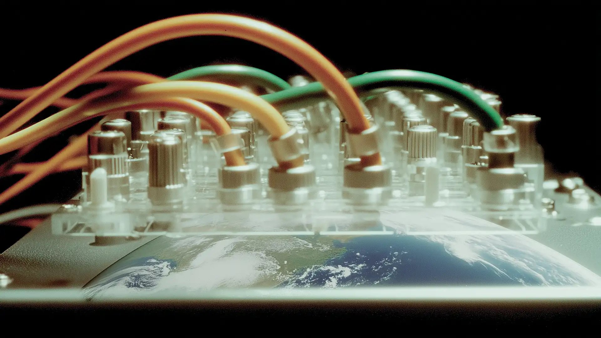 Orange and green cables plugged into a transparent multi-port device resting over a view of the Earth from space, on a black background