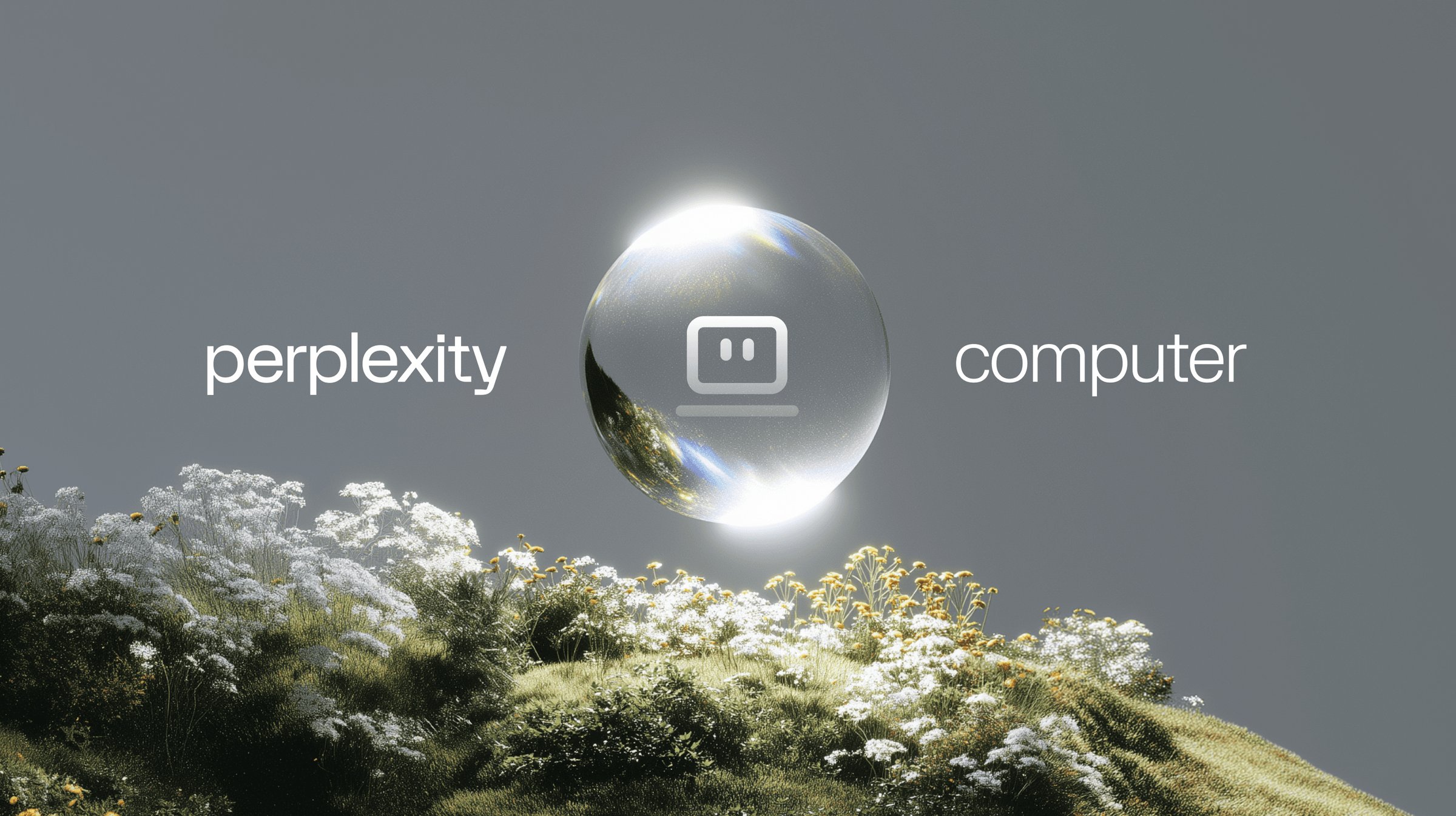 Perplexity Computer key visual with the perplexity and computer wordmarks on either side of a glowing glass orb that holds the Computer icon, above a hill of white and yellow wildflowers against a grey sky