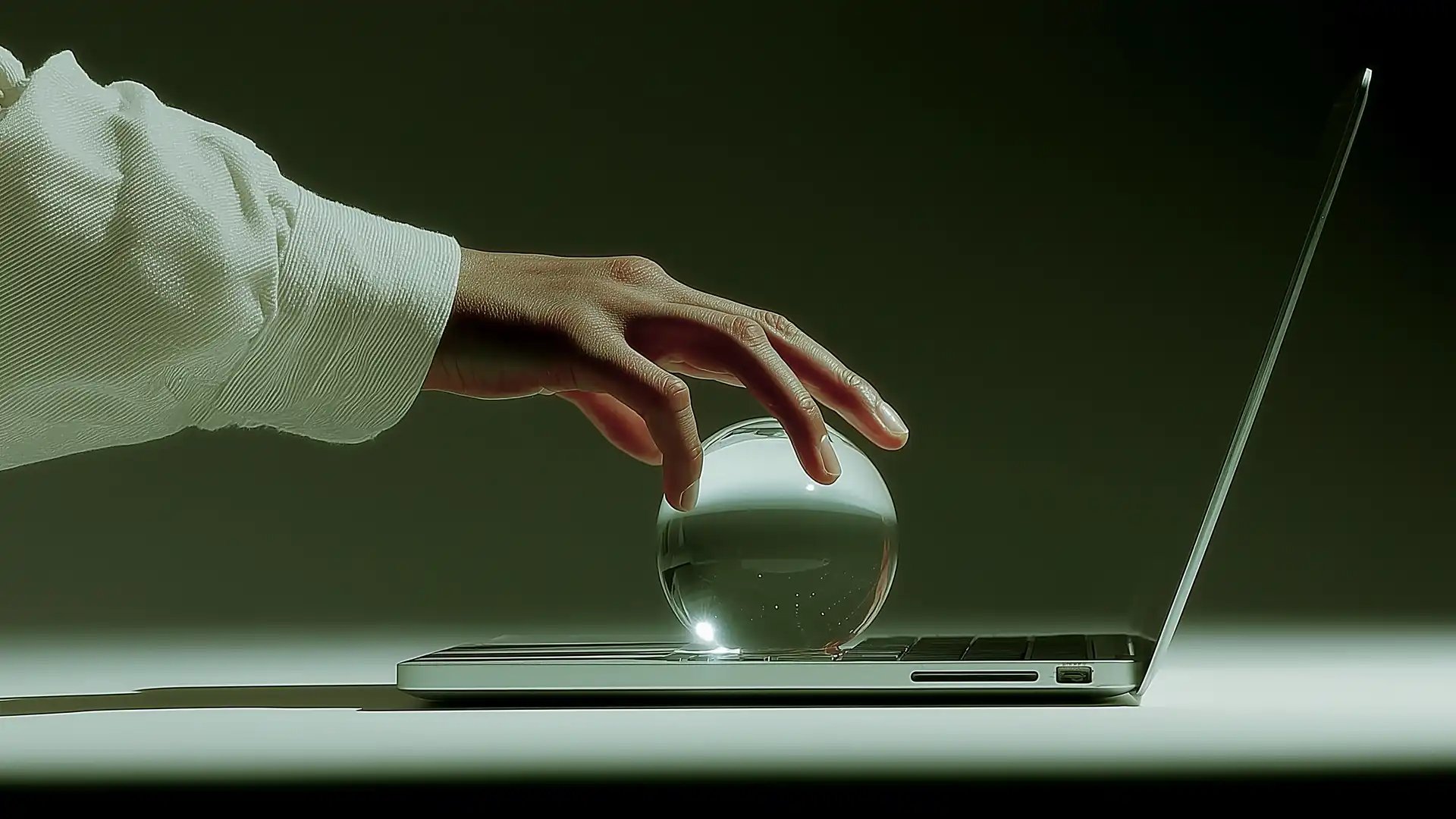 Hand in a white sleeve placing a clear glass orb on the keyboard of an open laptop against a dark green background
