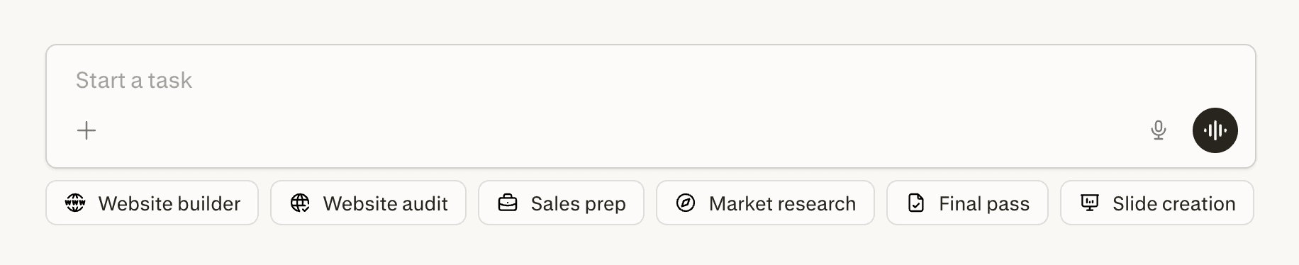 Perplexity Computer Start a task box above workflow shortcuts for Website builder, Website audit, Sales prep, Market research, Final pass and Slide creation