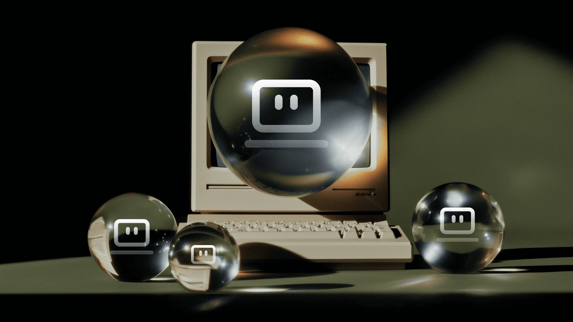 Beige retro desktop computer behind a large glass orb with the Computer icon, with three smaller glass orbs carrying the same icon in front