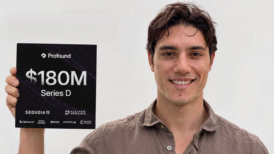 Federico Donatone of Growth Cab holding a Profound card that reads $180M Series D, with the Sequoia and Kleiner Perkins logos