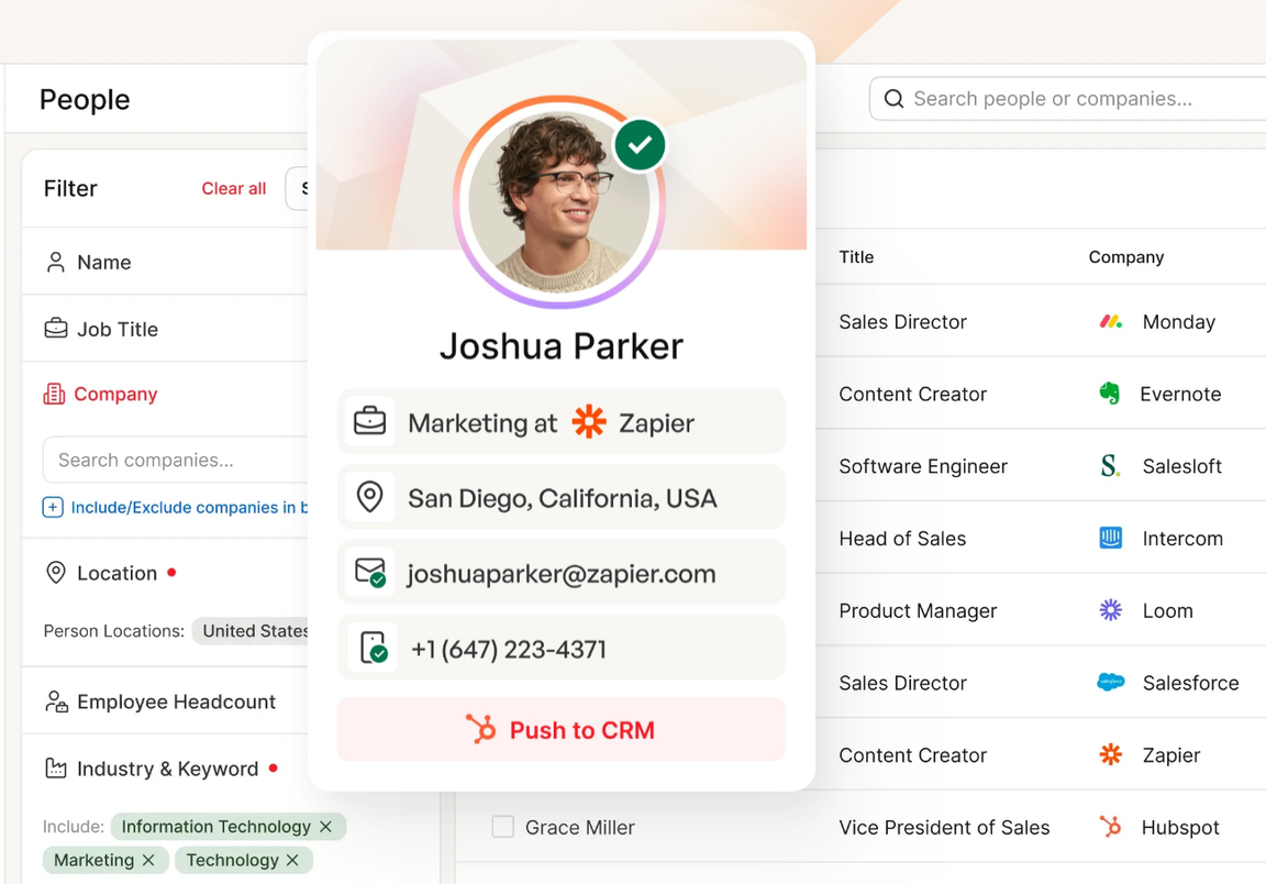 Prospeo People search with filters for name, job title, company, location, headcount and industry, a contact card for Joshua Parker, Marketing at Zapier, with a verified email, a verified mobile number and a Push to CRM button, and a results list of job titles at Monday, Evernote, Salesloft, Intercom, Loom, Salesforce, Zapier and HubSpot