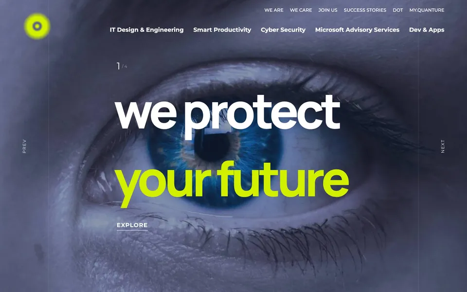 Quanture cybersecurity page hero with the headline we protect your future over a close-up of a blue eye
