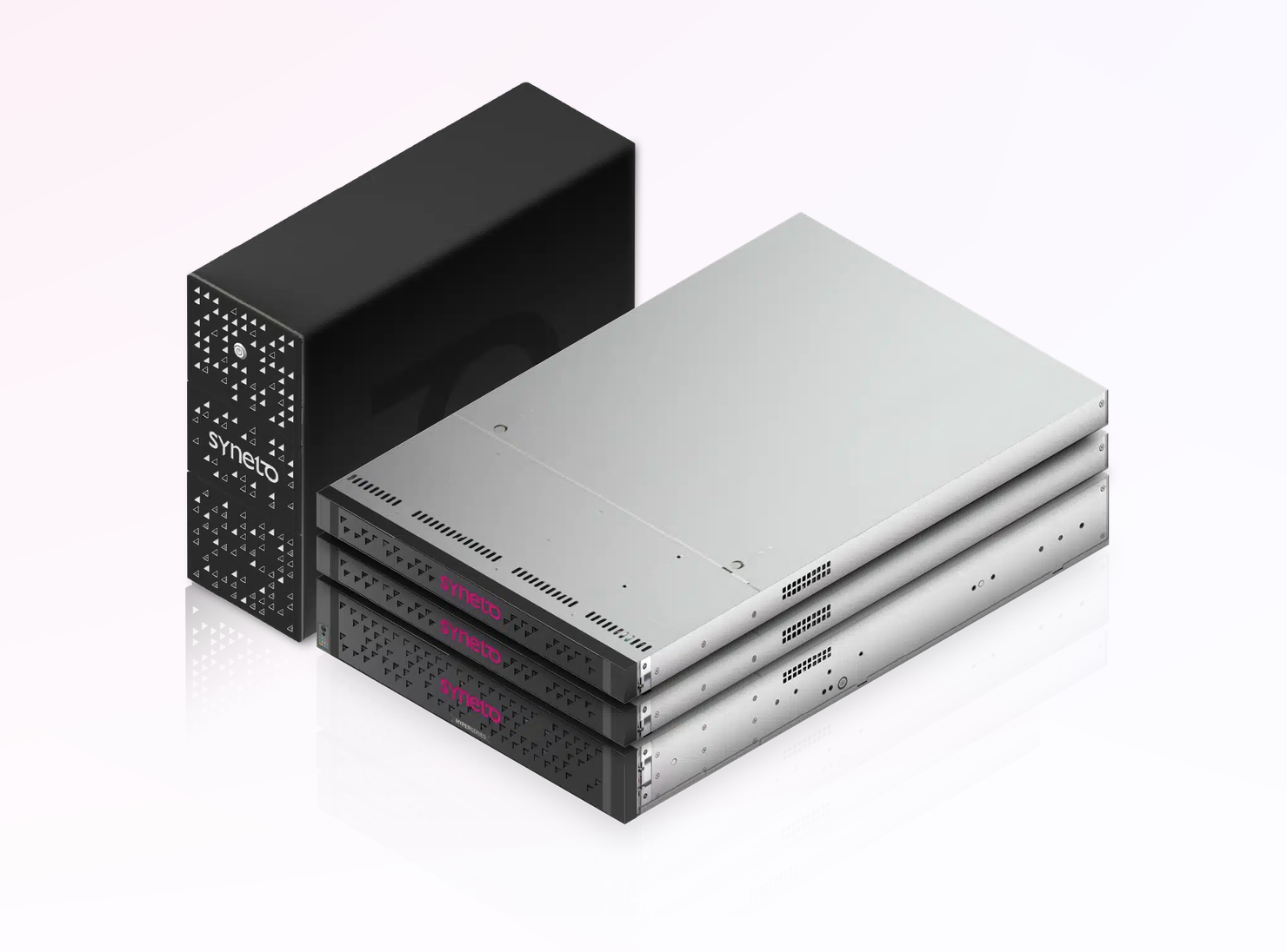 Syneto HYPER Edge tower and three stacked HYPER Core rack appliances with magenta Syneto logos on their front panels
