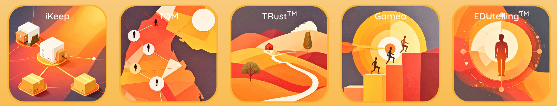 Five illustrated product tiles from the Takai site in orange tones, named iKeep, TOM, TRust, Gameo and EDUtelling, with the TOM tile showing a map of connected team members