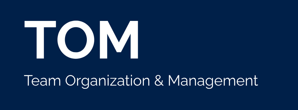TOM wordmark in white with the line Team Organization and Management on the navy header of the TOM site