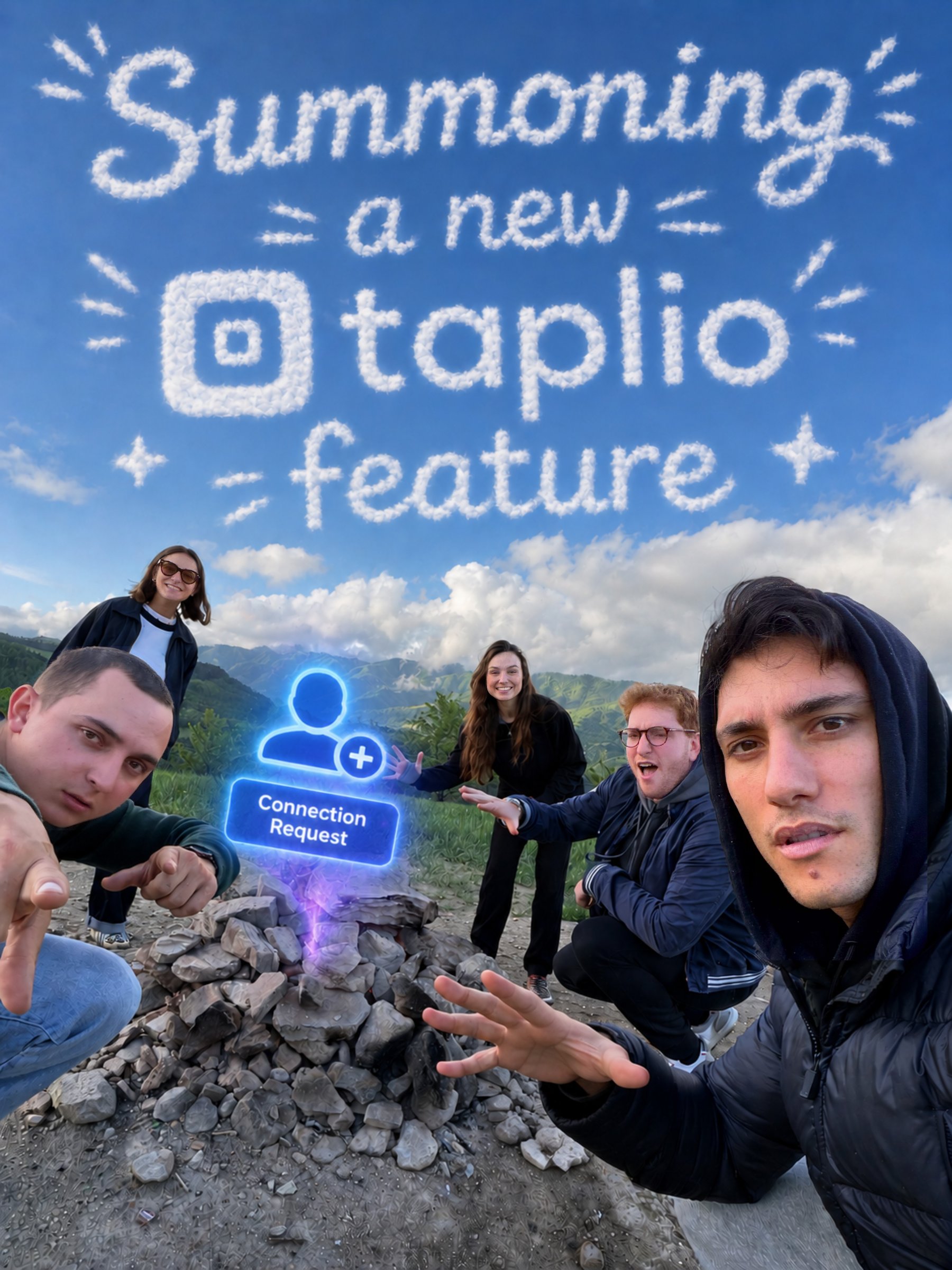 Five people on a rocky hillside reaching toward a glowing Connection Request icon under cloud lettering that reads "Summoning a new taplio feature"