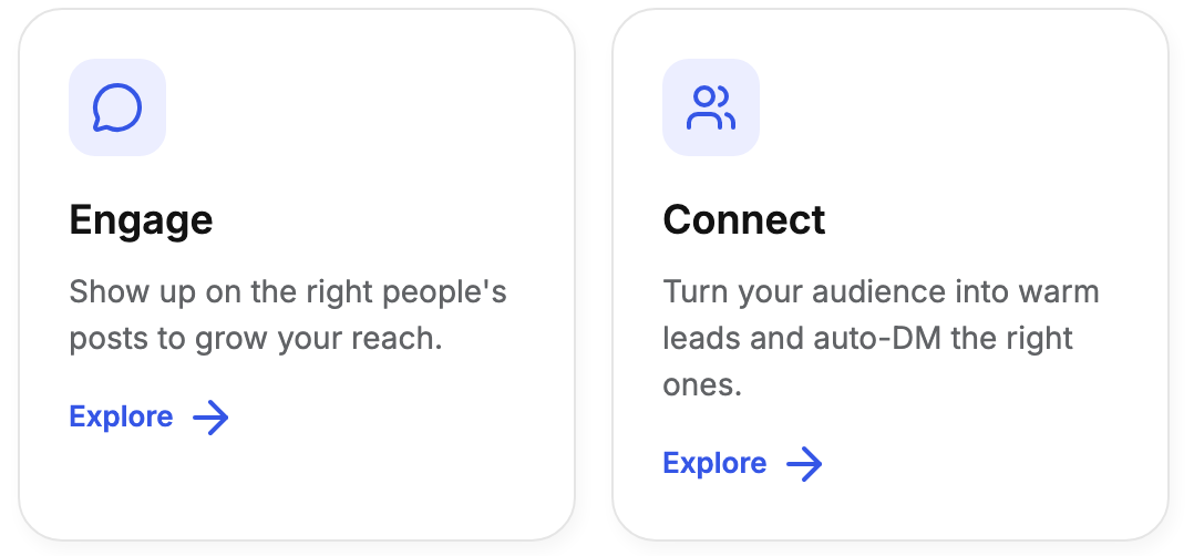 Two Taplio feature cards: Engage, on showing up on the right people's posts to grow reach, and Connect, on turning an audience into warm leads, each with an Explore link