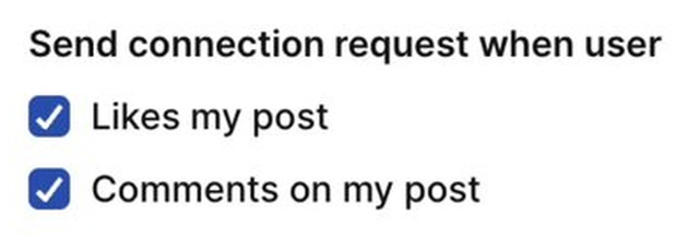 Taplio auto connect setting "Send connection request when user" with both "Likes my post" and "Comments on my post" checked