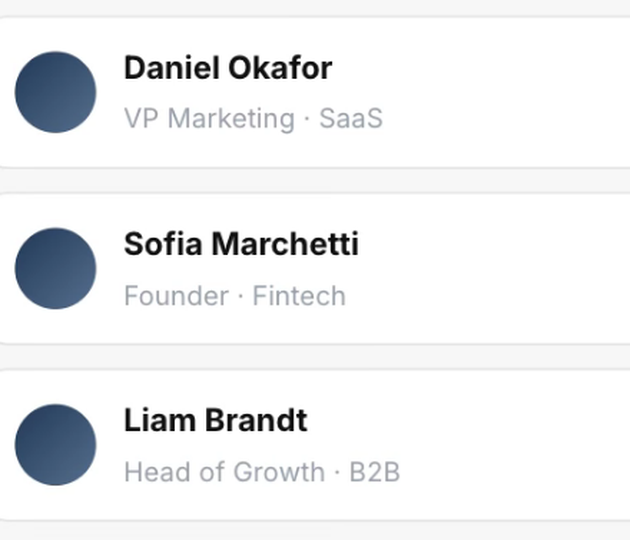 Lead rows in a Taplio outreach list: a VP Marketing in SaaS, a founder in fintech and a Head of Growth in B2B, each with an avatar