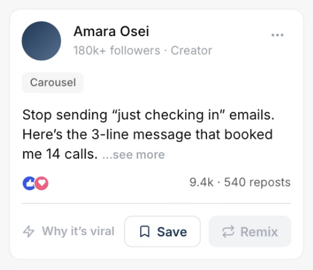 Taplio viral posts card for a creator named Amara Osei, tagged Carousel, with the hook "Stop sending just checking in emails", engagement counts and Why it's viral, Save and Remix buttons