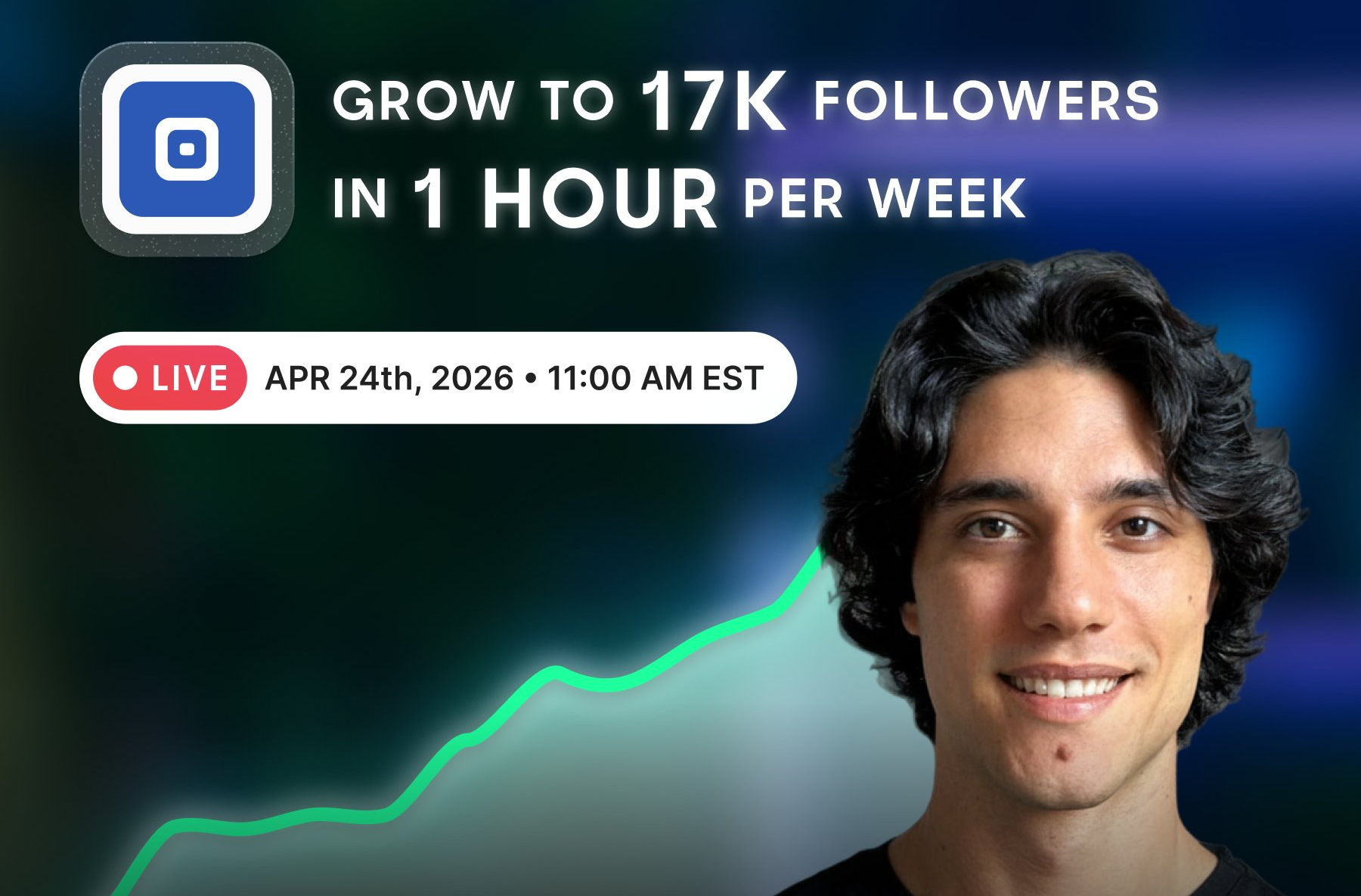 Taplio webinar cover with the Taplio app icon, a red LIVE badge and Federico Donatone smiling beside a glowing green growth line