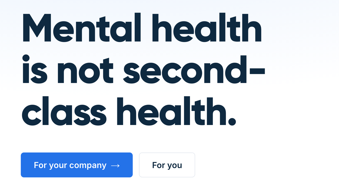 Tconsulta homepage headline Mental health is not second-class health, above the For your company and For you buttons
