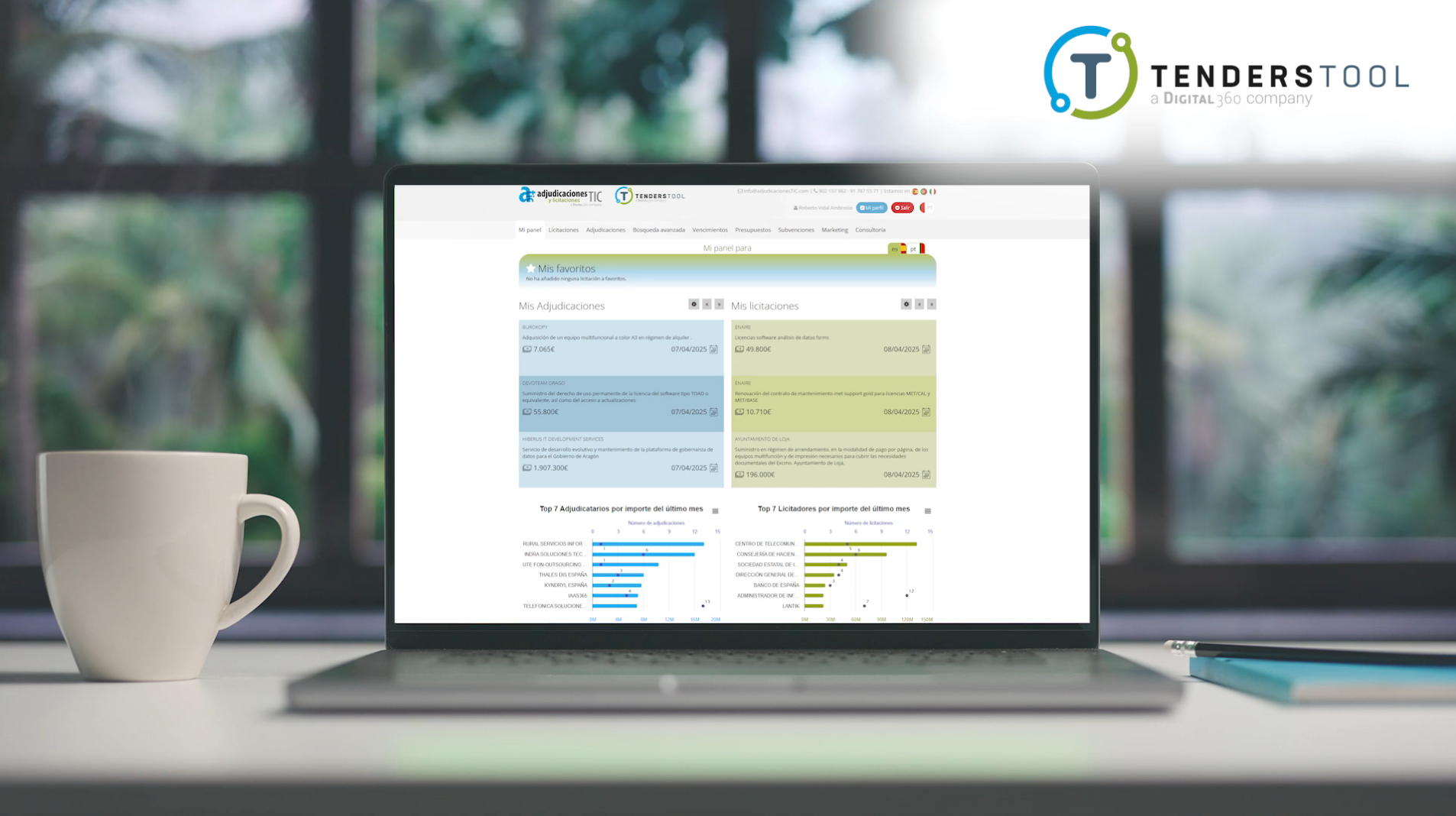 Laptop on a white desk next to a coffee mug, showing the TendersTool dashboard with tender cards and bar charts of top award winners and contracting bodies, with the TendersTool logo in the top right corner