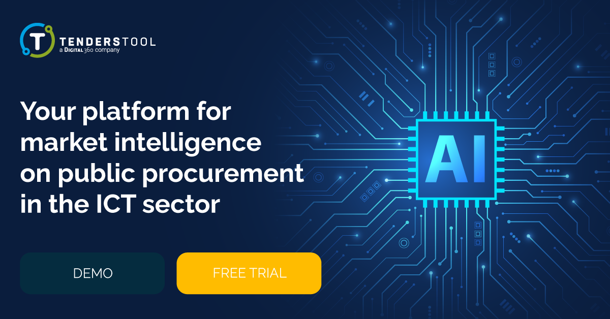 TendersTool banner on dark blue reading Your platform for market intelligence on public procurement in the ICT sector, next to a glowing AI chip illustration