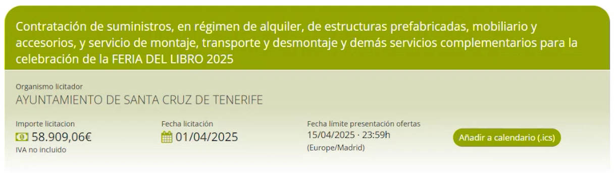 TendersTool tender record with the tender title on a green header, the contracting body, the tender value, the publication date and the bid deadline