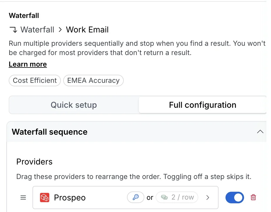 Screenshot of the Growth Cab Clay workspace: the work email waterfall of a real table, with Prospeo first on our own key